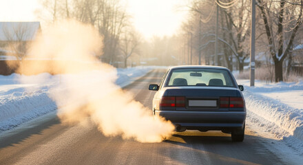 Car exhaust in cold air on snowy road during winter sunrise, environmental impact and pollution
