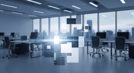 Modern office space with city view and abstract data overlay showing technology integration concept