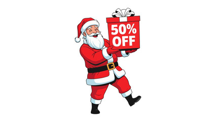 Holiday Savings: Santa Claus joyfully presents a large gift box, emblazoned with a bold 50% OFF offer, embodying the spirit of generous holiday discounts and special deals.