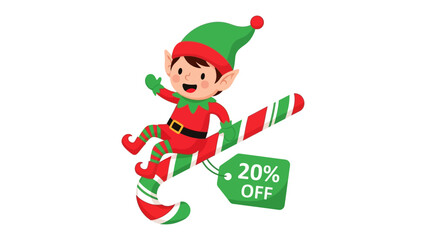 Holiday Elf with Candy Cane: An adorable elf merrily rides a candy cane, promoting a 20% off holiday sale, capturing the festive cheer and sweet delights of the season.