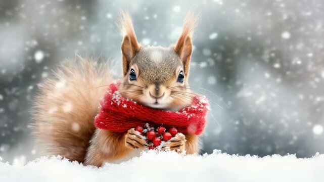A cute squirrel finds joy in the snow, sporting a bright scarf and happily holding a snack during winter festivities