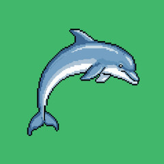 A pixel art illustration of a blue and white dolphin leaping against a solid green background.