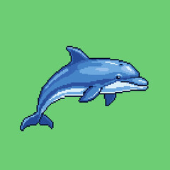 A pixel art illustration of a blue dolphin swimming or jumping against a solid light green background.