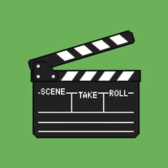 Obraz premium Pixel art illustration of a movie clapperboard on a solid green background.