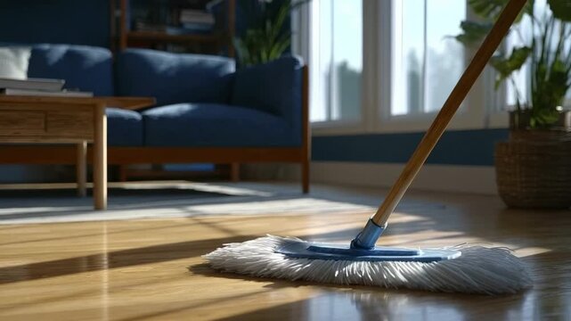 A floor mop on a polished wooden floor in a sunlit room A blue sofa coffee table and plants are visible in the blurred background