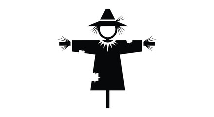 A classic black and white silhouette of a traditional scarecrow wearing a hat and tattered clothing standing in a field silhouette