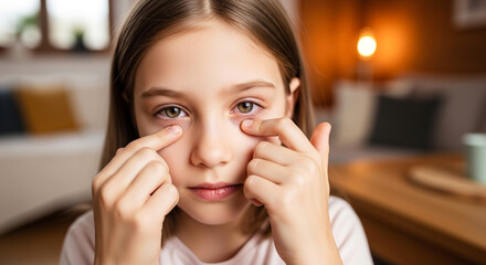 Girl rubbing itchy eye with fingers in warm home setting, eye allergy relief and irritation management