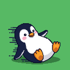 A cute and chubby pixel art penguin sliding happily on its back against a solid green background.