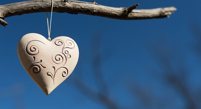 Close-up of a heart-shaped ornament hanging from a bare tree branch against a blue sky