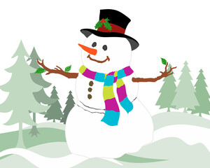 Cheerful snowman wearing a colorful scarf and red hat decorated with holly, standing in a snowy pine forest representing Christmas and winter holiday season