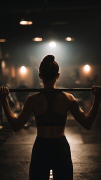 Focused woman preparing for lift in dark gym, holding barbell across shoulders. Strength, discipline and power concept in fitness training and motivation