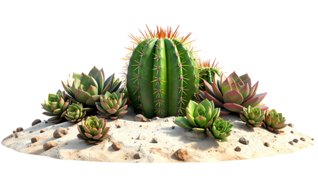 Digital rendering of a succulent arrangement with a large cactus in sandy terrain, isolated