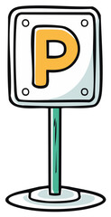 Simple cartoon parking sign featuring a bold yellow letter P for vehicle guidance and designated area information