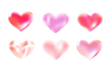 Blurred heart shapes vector illustrations. Gradient trendy y2k aestethic design elements for modern templates - covers, banners, greeting cards and posters. Gradient 3d hearts in pink colors isolated.