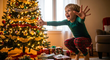 Child running to Christmas tree with joy, festive holiday celebration in cozy living room