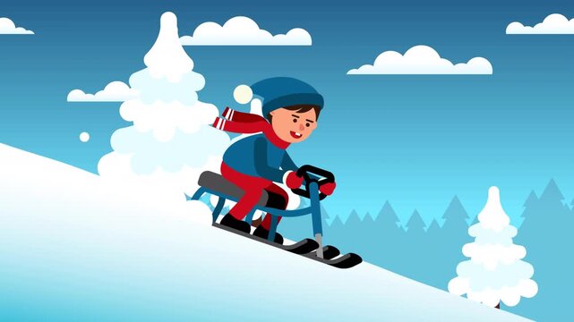 Cartoon boy riding snow scooter downhill, loop animation. Happy child speeding on blue snow sled down a steep, snowy slope.