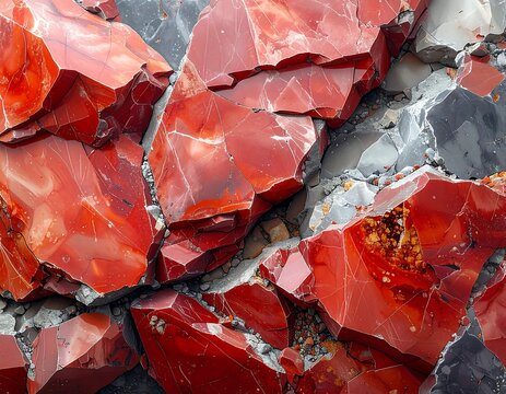 Close-up of fractured red and gray rock formation, texture with angular surfaces
