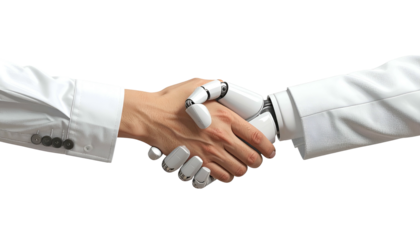 Human hand shaking with a robotic hand, both in white sleeves, on a black background