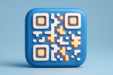 3D blue QR code with glowing orange and white elements