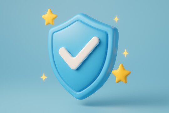 3D blue shield with checkmark, surrounded by yellow stars - Powered by Adobe