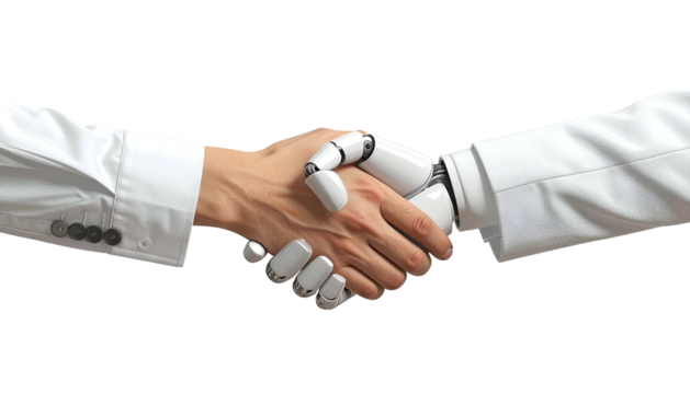 Human hand shaking with a robotic hand, both in white sleeves, on a black background