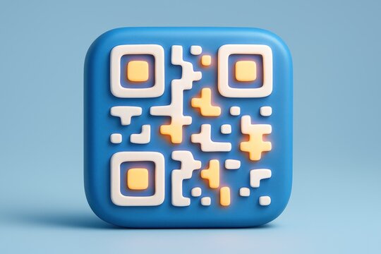 3D blue QR code with glowing orange and white elements - Powered by Adobe
