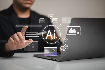 Professional managing artificial intelligence software on laptop with innovative digital interface, data analytics, and technology concepts displayed clearly