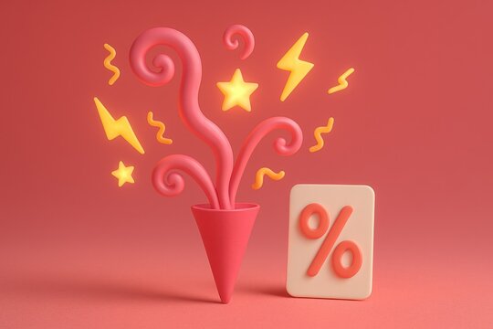 3D cartoon explosion from party popper with bright stars, lightning bolts, and percentage sign