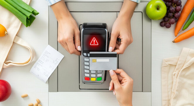Credit card declined at store checkout with payment terminal error, financial transaction failure and shopping inconvenience