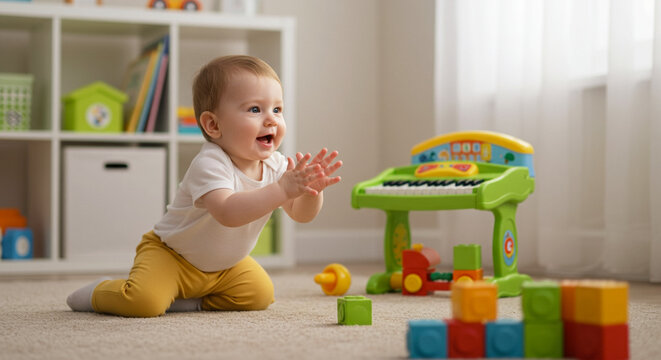 Baby clapping to music in playroom with toy piano and colorful blocks, early childhood development and motor skills