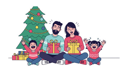 Joyous Gift Exchange: A family radiates with joy on Christmas, surrounded by a festive tree and wrapped presents, evoking warmth and togetherness.
