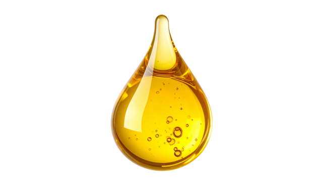 A detailed image of a translucent droplet of viscous liquid with bubbles, isolated on black