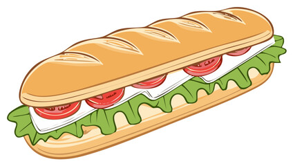 Cartoon illustration of a long baguette sandwich with tomato cheese and lettuce