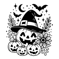 Jack-o-lantern pumpkins with night sky, bat silhouettes and hat, vector floral Halloween illustration