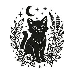 Cute sitting black cat vector with flowers, stars, and moon in magical Halloween illustration