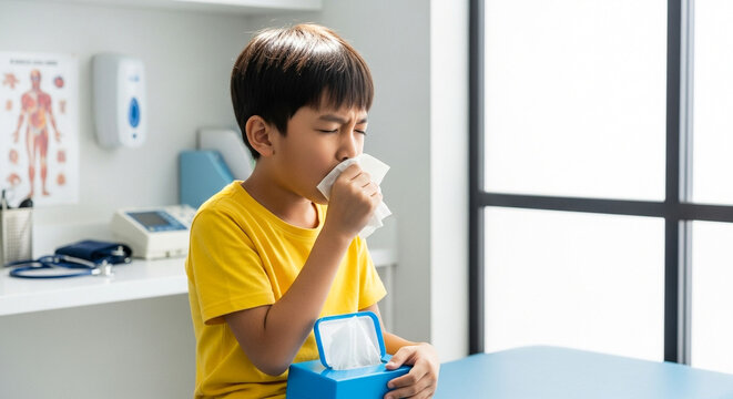 Child coughing with tissue box in pediatric room, health care and cold relief