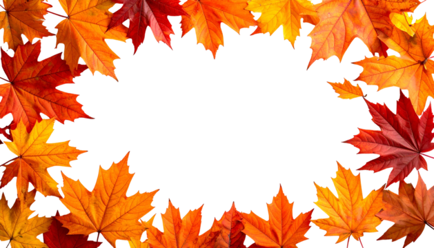 Frame of colorful fall leaves encircling a black, empty space, a seasonal motif