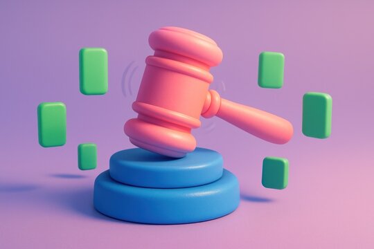 3D illustration of a pink gavel on blue steps, surrounded by floating green rectangles