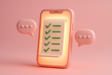 3D render A glowing phone displays a checklist with chat bubbles
