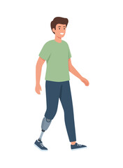 Illustration of a man with a prosthetic leg walking and smiling.