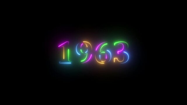 1963 neon line text. Abstract 1963 neon text animation ,For neon color Glowing neon number text background 4k video animation . 1963 title metal text on glowing text animation black background