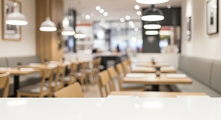 A modern, minimalist restaurant interior with wooden tables and chairs, white walls, and a soft, ambient lighting.