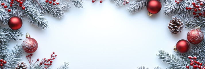 Christmas frame featuring frosted fir branches, red gold ornaments, pine cones, snowflakes decorating white background with empty space for festive greeting card design. Top view, flat lay