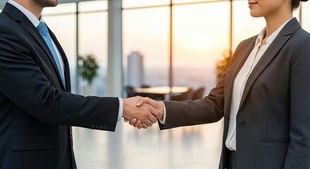 Business professionals shaking hands in an office setting.