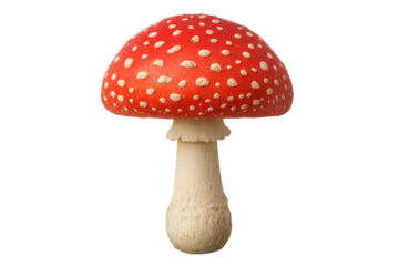 Red mushroom with white spots and pale beige stem, isolated on
