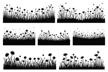 Black silhouettes of wildflowers and grass borders