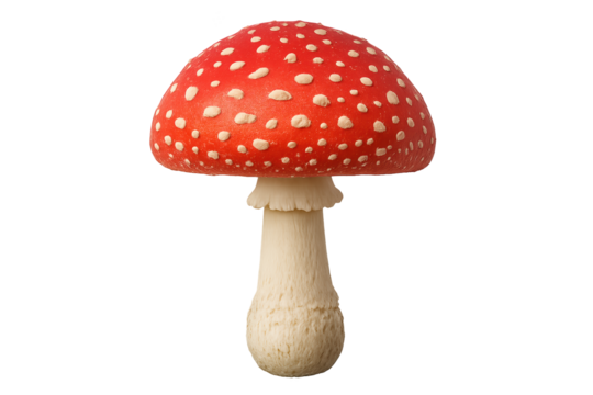 Red mushroom with white spots and pale beige stem, isolated on