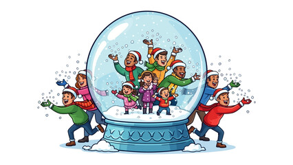 Snow Globe Wonderland: Children of diverse backgrounds revel in a winter wonderland encapsulated within a snow globe. This image symbolizes joy and the magical allure of the holiday season.