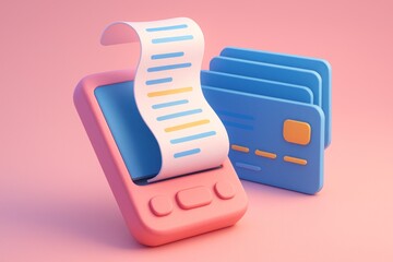 3D render of payment terminal with receipt and credit cards