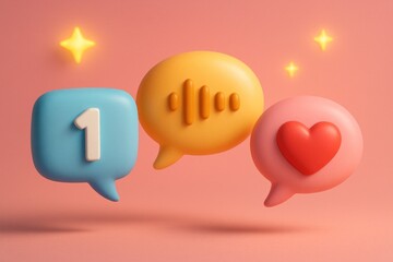 3D render of speech bubbles number 1, sound waves, heart, glowing stars
